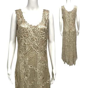 Soulmates Women's Floor Length Gold 100% Silk Cocktail crochet Dress Size XL